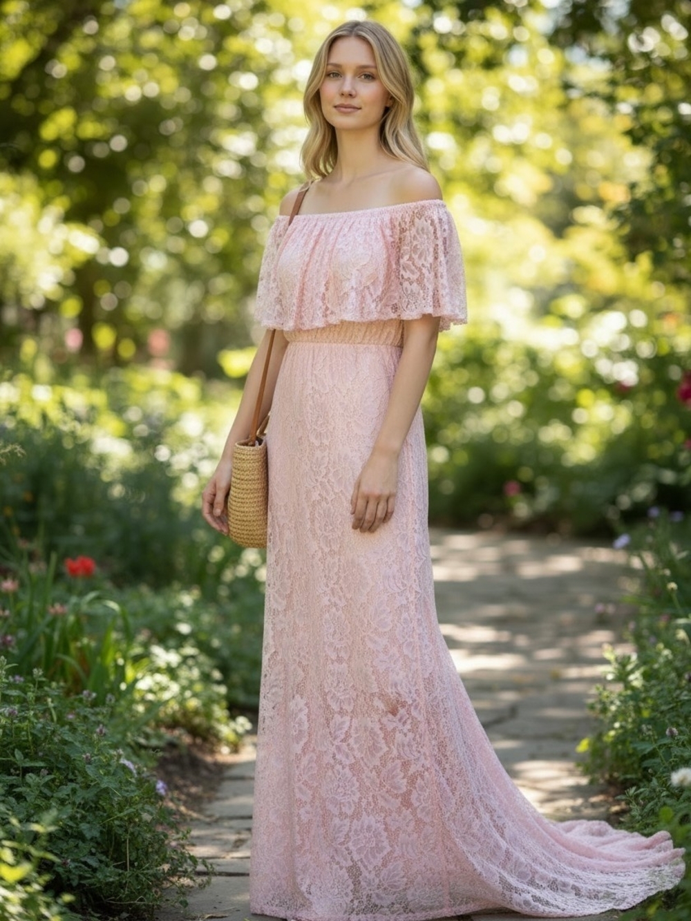 Off-Shoulder Lace Maxi Dress in Light Pink